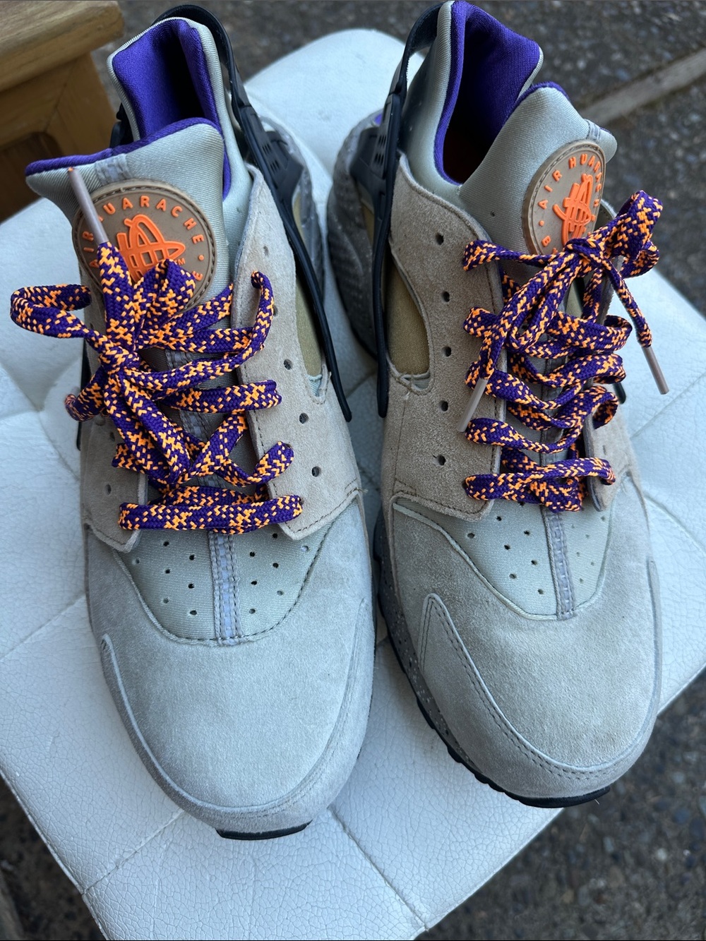 Nike Suede Sneakers in Light Gray with Purple & Orange Accents